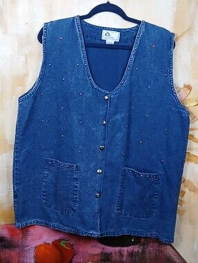 Vintage Carolina Bay Plus Studded Rhinestone Denim Vest Size 2X